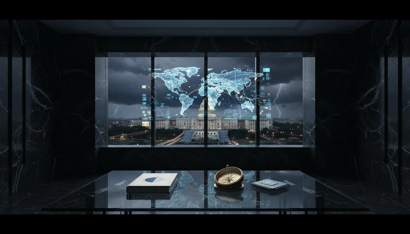 Sala escura com uma janela que mostra um mapa-múndi holográfico sobre um edifício com cúpula e, sobre a mesa, um livro e uma bússola