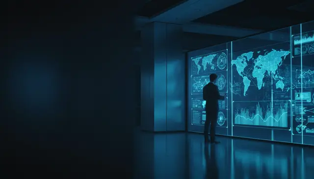 Homem em pé diante de telas holográficas com mapas-múndi e gráficos em uma sala azul escura