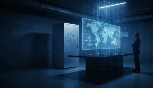 Homem em pé diante de um mapa-múndi holográfico com uma cascata de dados, em uma sala escura ao lado de um cofre blindado com um emblema gravado