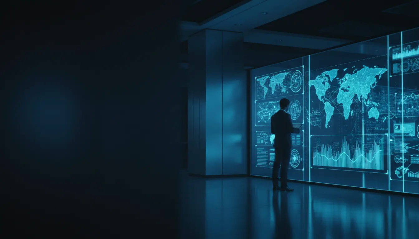 Homem em pé diante de telas holográficas com mapas-múndi e gráficos em uma sala azul escura