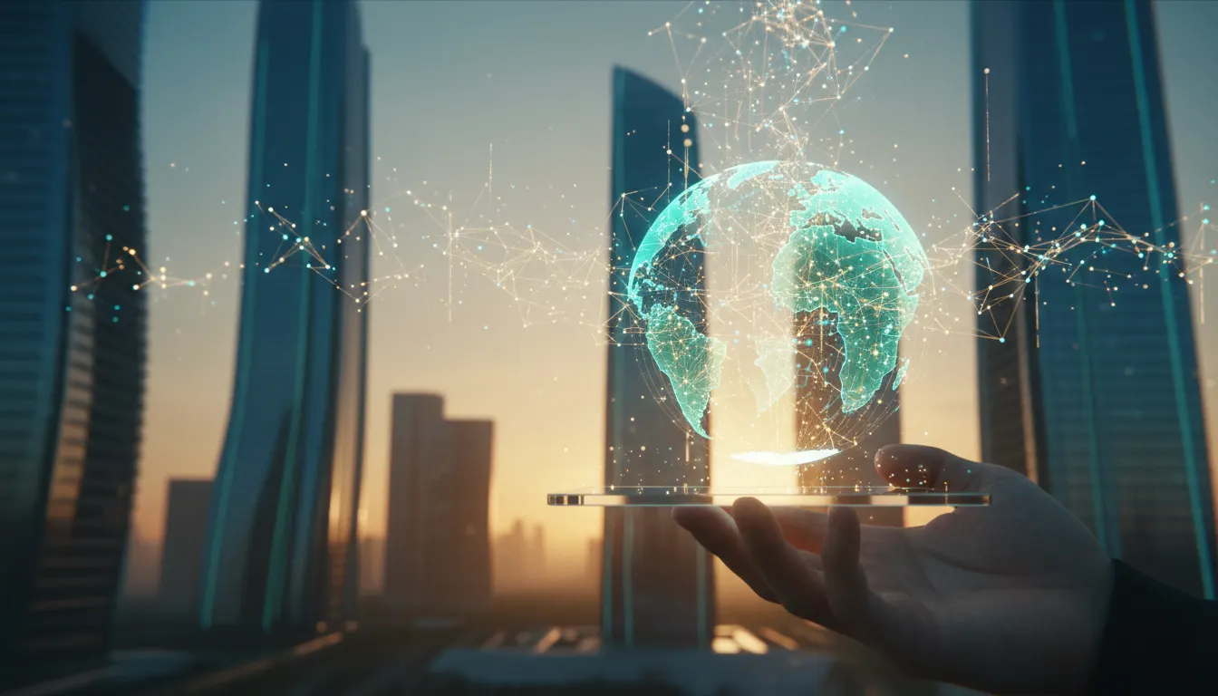 Mão aberta que sustenta um globo terrestre holográfico entre arranha-céus ao entardecer