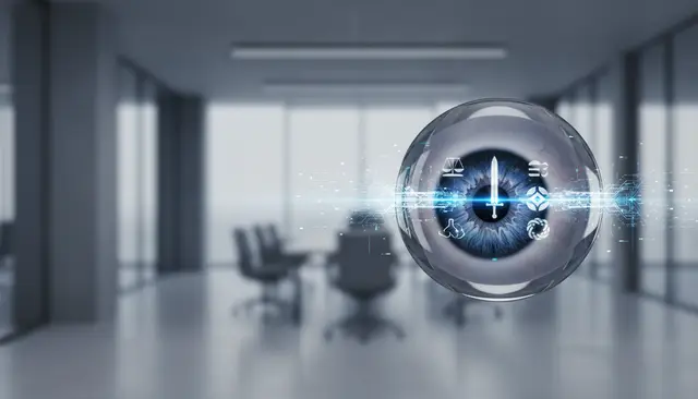 Esfera de vidro com um olho azul e símbolos de dados, flutuando em uma sala de reuniões desfocada