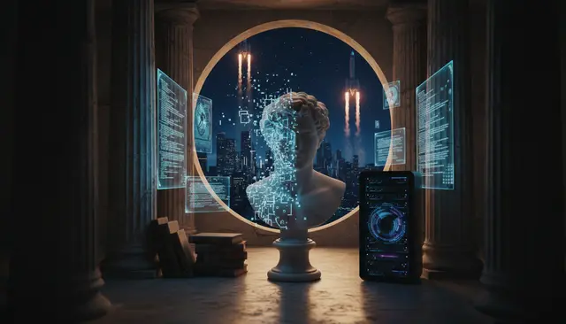 Busto clássico que se desfaz em partículas digitais, emoldurado por um arco com foguetes e uma cidade noturna, ao lado de painéis holográficos e um celular