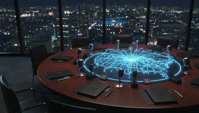 Mesa redonda com microfones e um mapa holográfico luminoso dos Estados Unidos em uma sala com vista noturna para a cidade