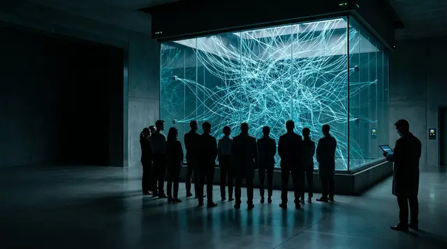 Silhuetas de pessoas diante de uma grande vitrine de vidro iluminada em azul, com um emaranhado de linhas luminosas, em um salão escuro