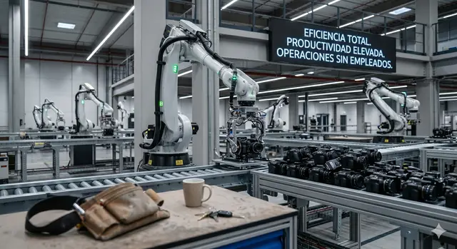 Braços robóticos em uma fábrica sem pessoas, sob um cartaz que diz «Eficiência total. Produtividade elevada. Operações sem funcionários»