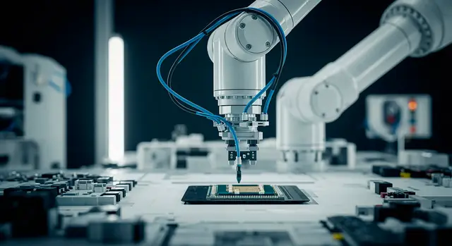 Braço robótico branco com cabos azuis posicionando um chip sobre uma placa eletrônica em uma linha de montagem