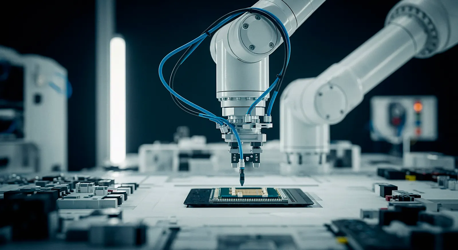 Braço robótico branco com cabos azuis posicionando um chip sobre uma placa eletrônica em uma linha de montagem