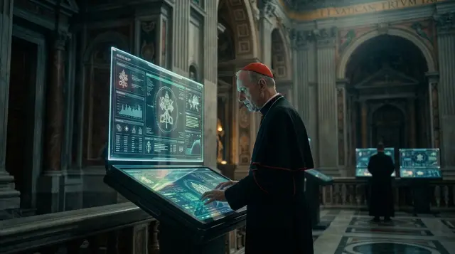 Cardeal de batina preta e barrete vermelho ao lado de uma tela holográfica com gráficos e um brasão, em uma basílica com outras telas ao fundo