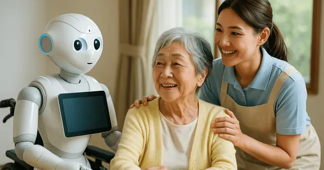 Cuidador humano e robô assistente acompanhando uma pessoa idosa, símbolo das reservas humanas diante da automação