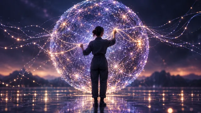 Engenheira ajustando fios de luz que se desviam de uma esfera de rede neural