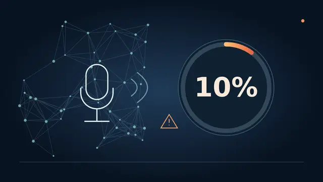 Ilustração editorial original: microfone, rede neural e um indicador de 10% sobre o risco da inteligência artificial.