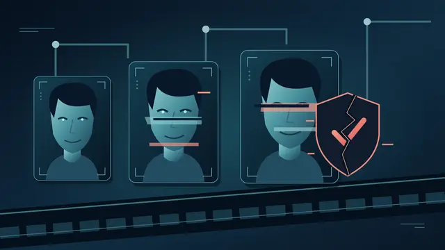 Ilustração de rostos digitais replicados em uma linha de produção e um sinal de verificação fraturado: deepfakes e perda de confiança.