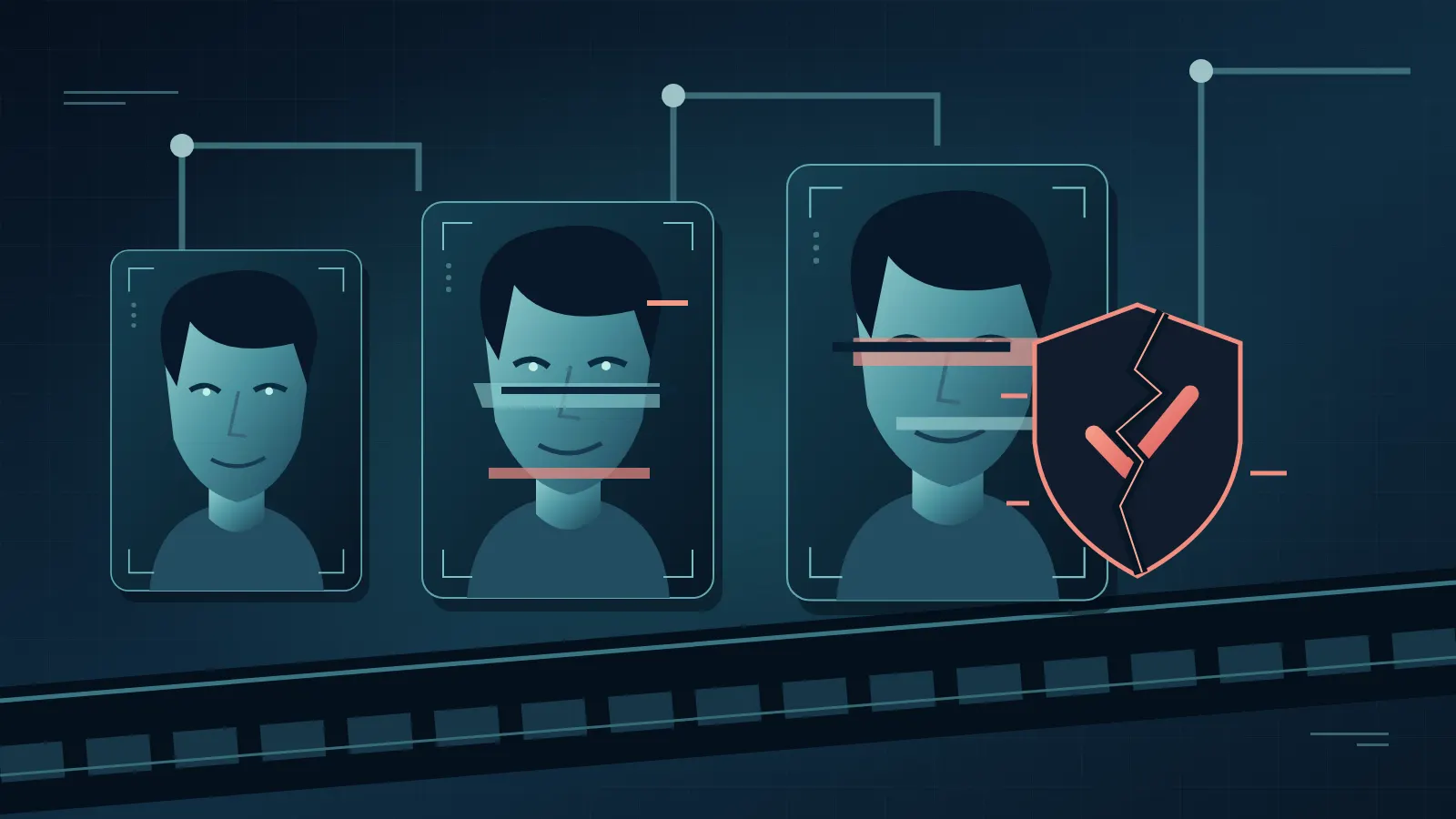 Ilustração de rostos digitais replicados em uma linha de produção e um sinal de verificação fraturado: deepfakes e perda de confiança.