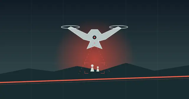 Ilustração de um drone autônomo sobre silhuetas humanas diante de uma linha vermelha moral