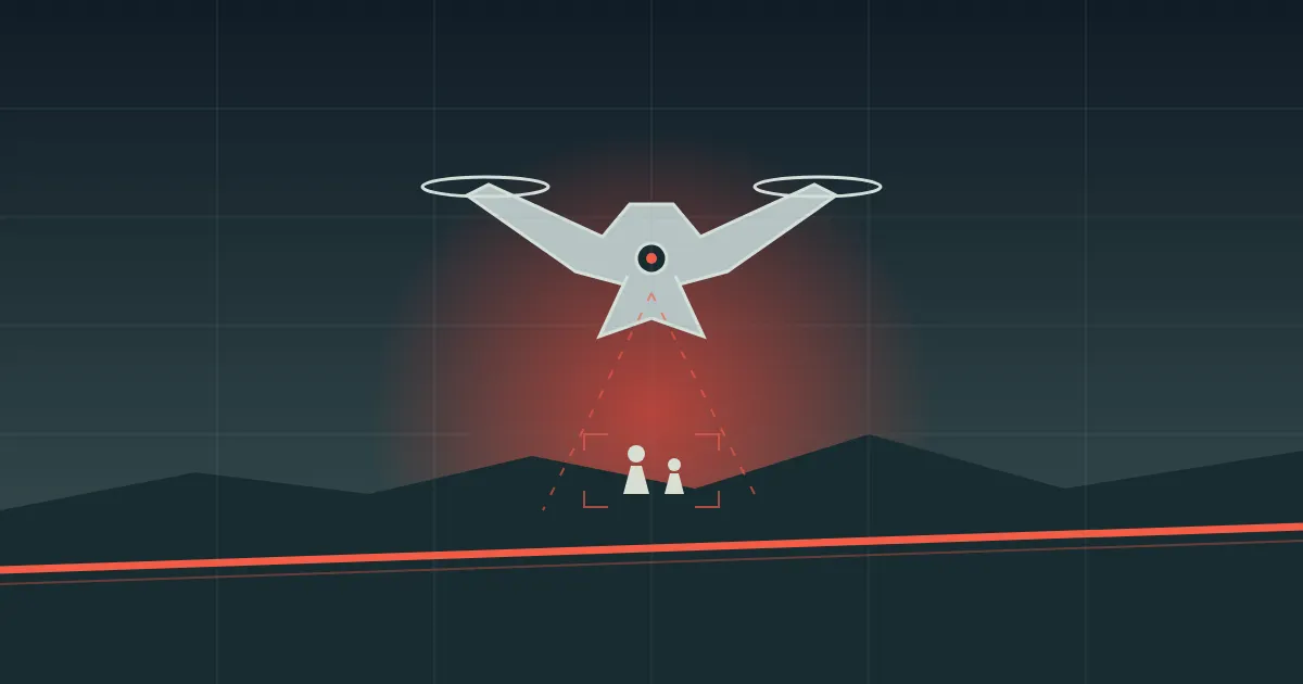 Ilustração de um drone autônomo sobre silhuetas humanas diante de uma linha vermelha moral