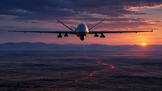 Drone militar autônomo sobre a estepe ao entardecer, com uma linha vermelha luminosa no terreno