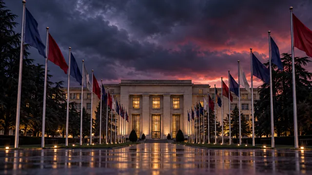Palácio das Nações em Genebra ao anoitecer sob um céu tempestuoso