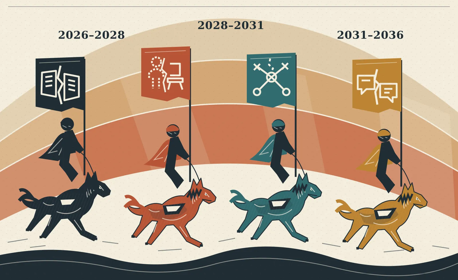 Gravura editorial de quatro cavaleiros: notícias fragmentadas, trabalho deslocado, agentes sem controle e diálogo dividido, diante dos horizontes 2026–2028, 2028–2031 e 2031–2036.
