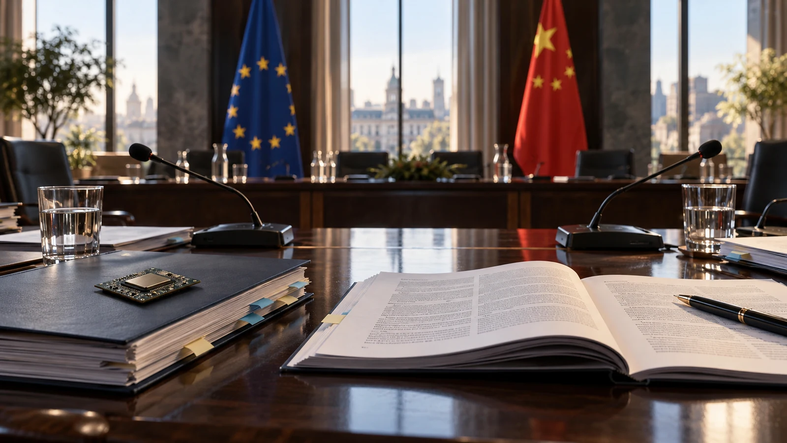 Imagem conceitual gerada por IA: documentos regulatórios e um processador sobre uma mesa de negociação, com as bandeiras da União Europeia e da China ao fundo.