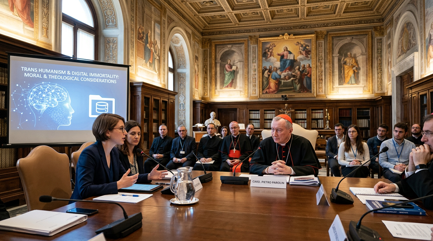 Panel discussion with slide reading “TRANS HUMANISM & DIGITAL IMMORTALITY: MORAL & THEOLOGICAL CONSIDERATIONS”